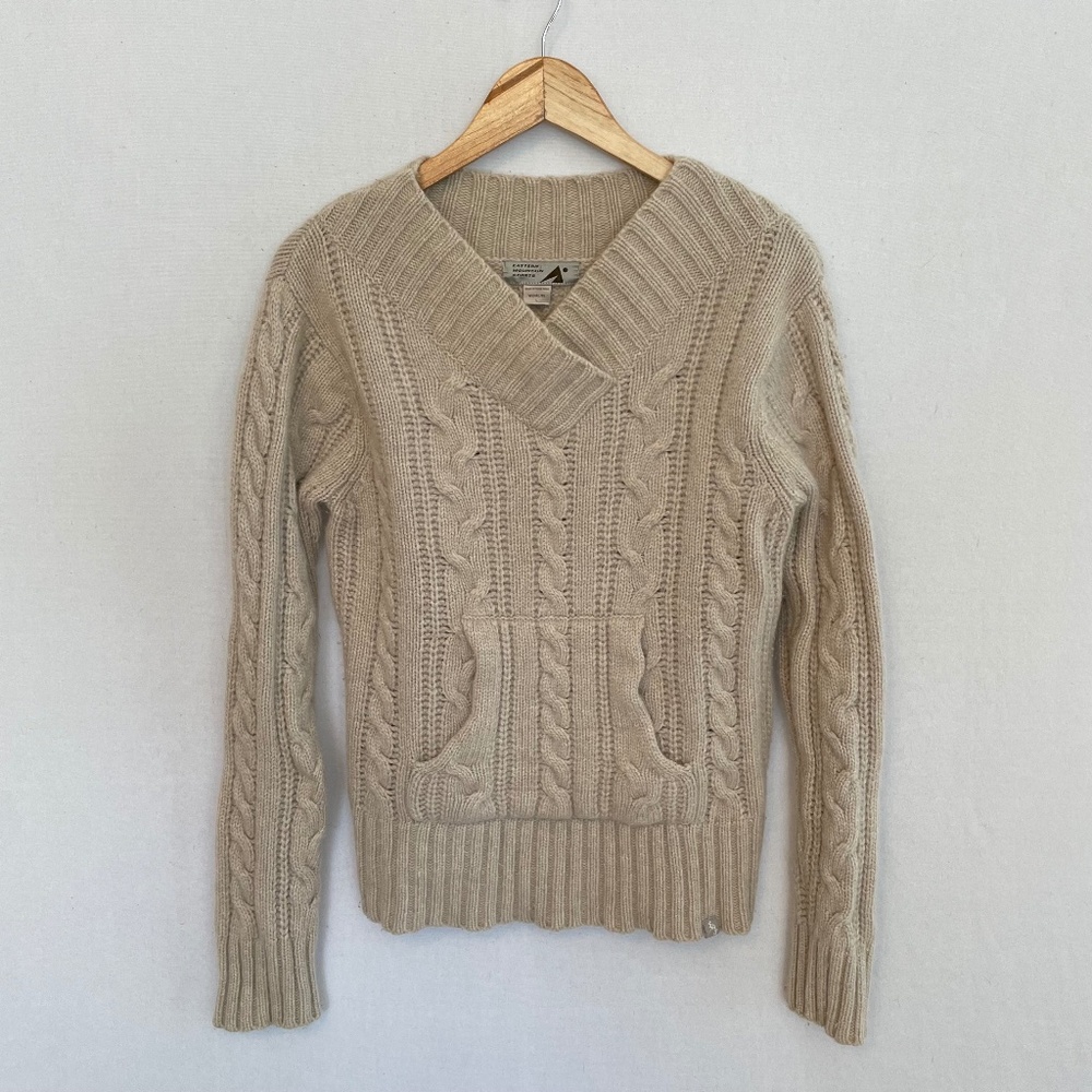 EASTERN MOUNTAIN SPORTS EMS Women’s Large Tan V-neck Cable Knit Sweater Vintage
